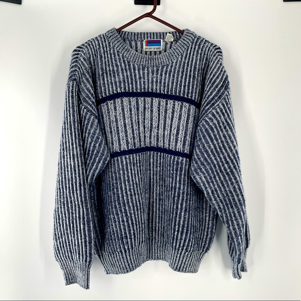 VTG Sweater Graphix Navy Light Blue Ribbed Knit 80s-90s Crewneck Grandpa…